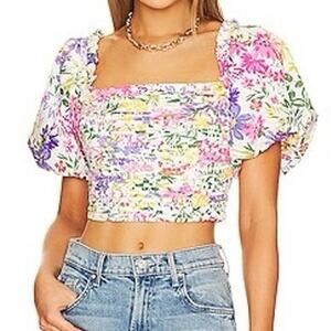 ASTR THE LABEL Lin Top Pink/Yellow Multi Floral Puff Sleeve Cropped Sz Small